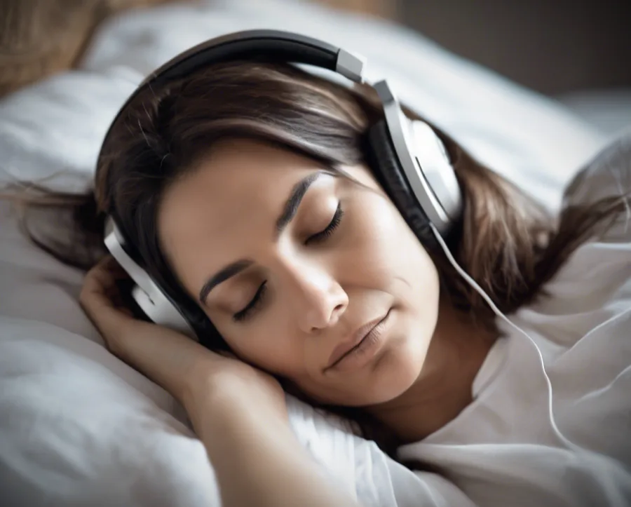 Person resting calmly in bed with headphones